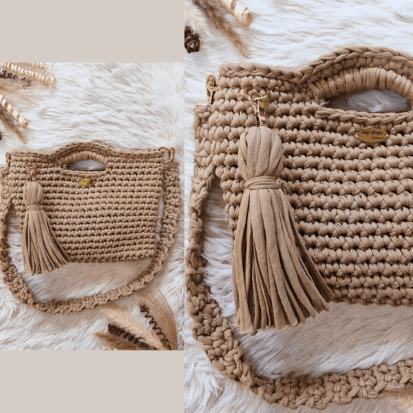 Handcrafted crochet Maxi Bag in a neutral beige tone, made with thick cotton yarn. The bag features a sturdy handle, detachable braided shoulder strap, and an elegant suede tassel. Designed for versatility and style, perfect for casual or dressy occasions.