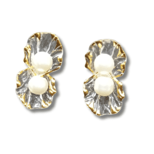 Handmade Pearl Blossom Resin Ear Studs with transparent petals, gold-colored lines, and pearl centers, created by Maryam.