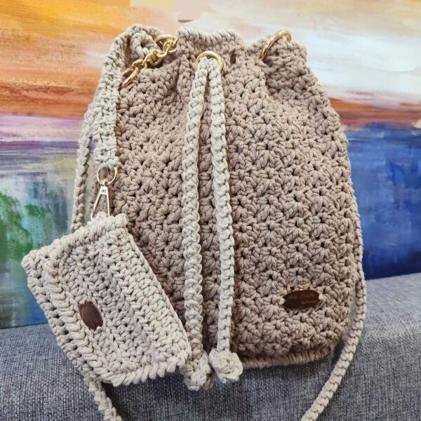 Handcrafted Serena Bag made with macrame cotton yarn, featuring a sturdy base and versatile design, created by Arty-Crafty by Vanessa.