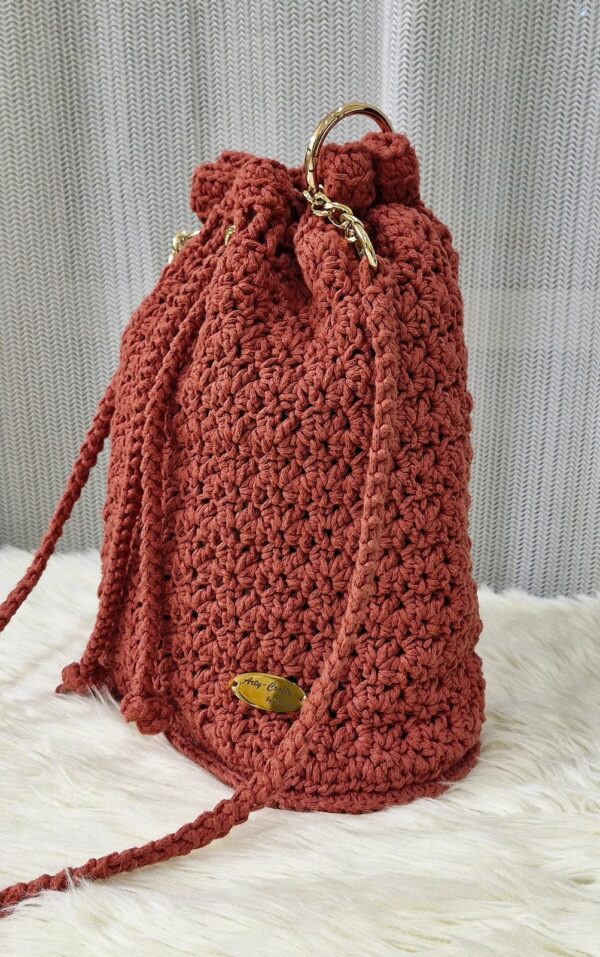 Handcrafted Serena Bag made with macrame cotton yarn, featuring a sturdy base and versatile design, created by Arty-Crafty by Vanessa.