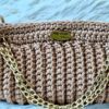 Handmade Beatriz Handbag with intricate macrame yarn art, featuring a gold-tone chain and versatile design, created by Arty-Crafty.