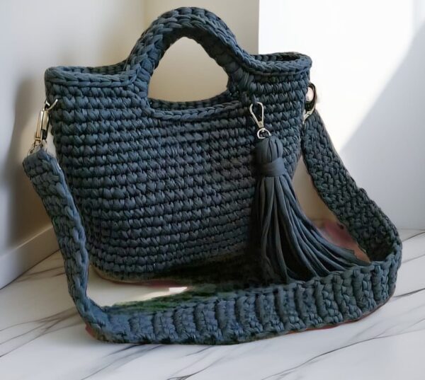 Handmade Elegant MAXI Bag crafted from cotton T-shirt yarn, featuring a versatile design for use as a handbag or sling bag, created by Arty-Crafty.