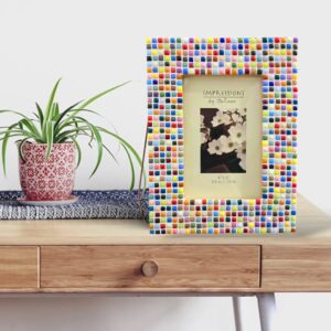 Colorful Rainbow Mosaic Frame displayed on a wooden table, featuring vibrant square tiles in various colors surrounding a 4x6 inch photo. The frame adds a lively and artistic touch to the decor.