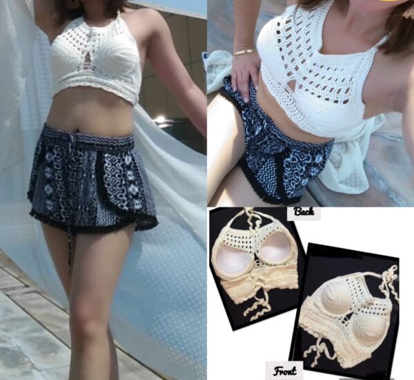 Handmade white cotton halter top named 'Samanth Top' by Arty-Crafty by Vanessa, featuring a padded design with intricate crochet patterns, adjustable ties, and a customizable fit, worn by a model in a summer setting.