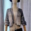 Handmade striped cardigan named 'Isabela Cardigan' by Arty-Crafty by Vanessa, crafted from a blend of cotton and acrylic yarn in shades of gray, featuring a lightweight, free-size design with an open front