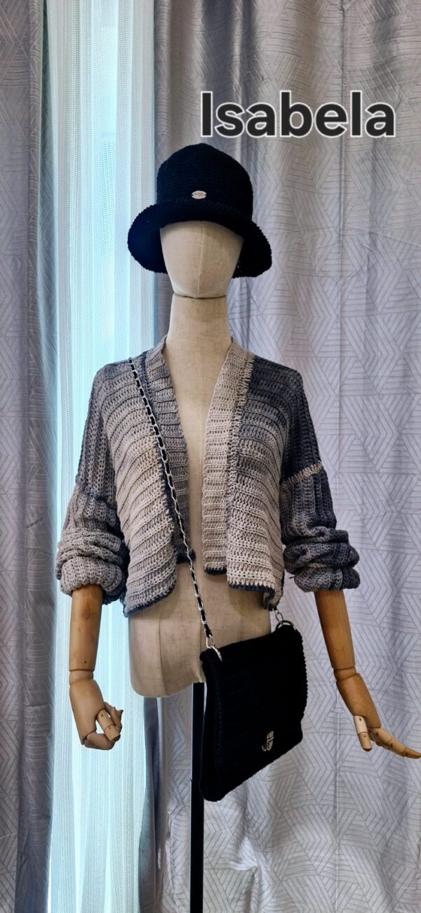 Handmade striped cardigan named 'Isabela Cardigan' by Arty-Crafty by Vanessa, crafted from a blend of cotton and acrylic yarn in shades of gray, featuring a lightweight, free-size design with an open front