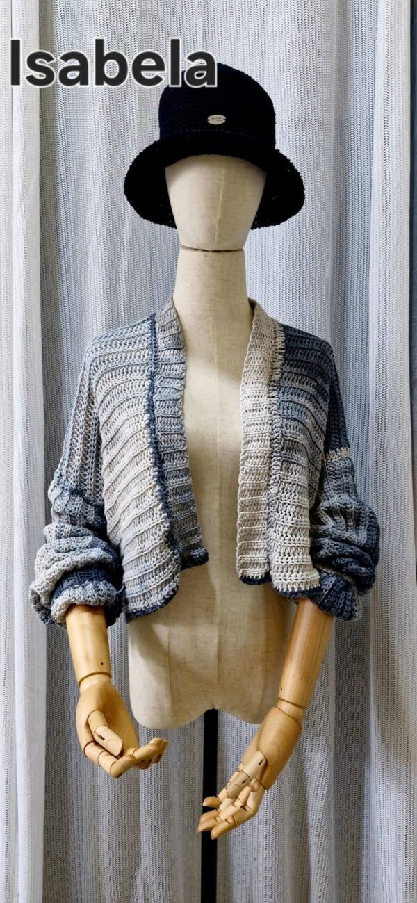 Handmade striped cardigan named 'Isabela Cardigan' by Arty-Crafty by Vanessa, crafted from a blend of cotton and acrylic yarn in shades of gray, featuring a lightweight, free-size design with an open front