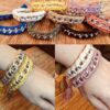 Handmade crochet bracelets named 'Natalie Bracelet' by Arty-Crafty by Vanessa, featuring colorful braided cotton yarn with metallic bead accents, displayed on a wooden surface and worn on the wrist.