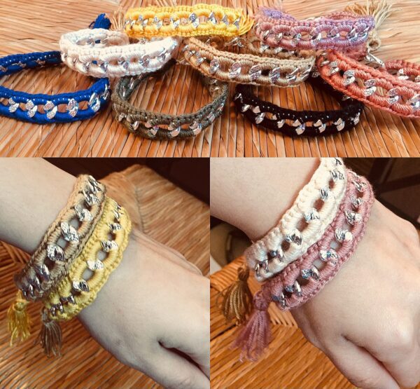 Handmade crochet bracelets named 'Natalie Bracelet' by Arty-Crafty by Vanessa, featuring colorful braided cotton yarn with metallic bead accents, displayed on a wooden surface and worn on the wrist.