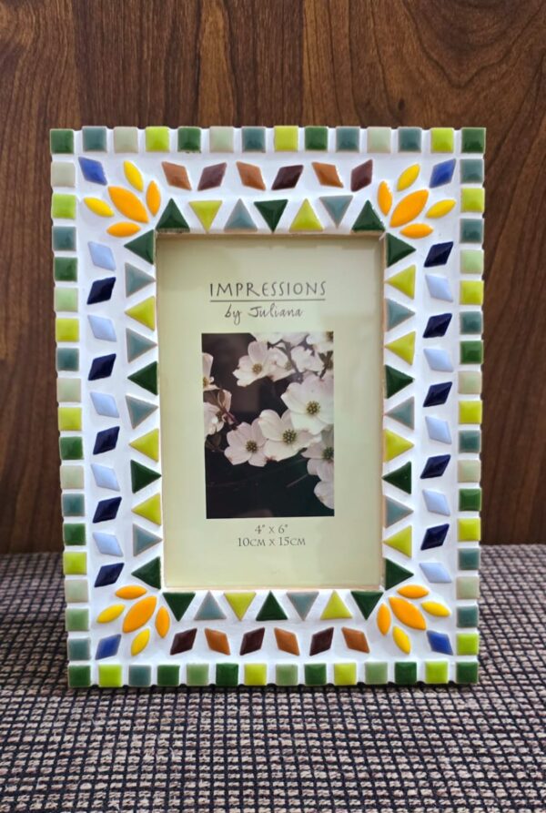 Handcrafted vibrant mosaic photo frame by Mosaicbyaroma, featuring colorful ceramic tiles in a 22x17 cm frame, perfect for displaying a 15x10 cm photo. Ideal for home décor or as a unique gift.