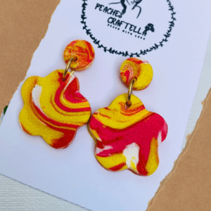 Sunshine Floral Earrings with a swirl of yellow, red, and white by Ishara Malshani Settinayake of Peaches Craftella.