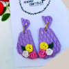 Lilac lattice floral earrings with pink, yellow, and white flowers by Ishara Malshani Settinayake of Peaches Craftella.