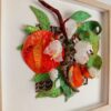 Handmade 3D Jaffa Oranges textile art in a wooden frame featuring organza roses and copper wire branches.