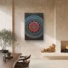 Cosmic Blossom Mandala, a 40x60 cm handcrafted mandala art on canvas by Krutika Jariwala, featuring cosmic-inspired patterns with vibrant pink, blue, and green details.