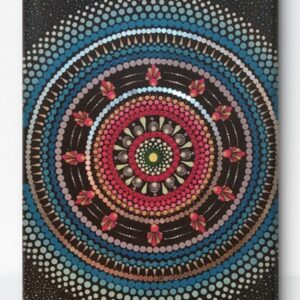 Cosmic Blossom Mandala, a 40x60 cm handcrafted mandala art on canvas by Krutika Jariwala, featuring cosmic-inspired patterns with vibrant pink, blue, and green details.