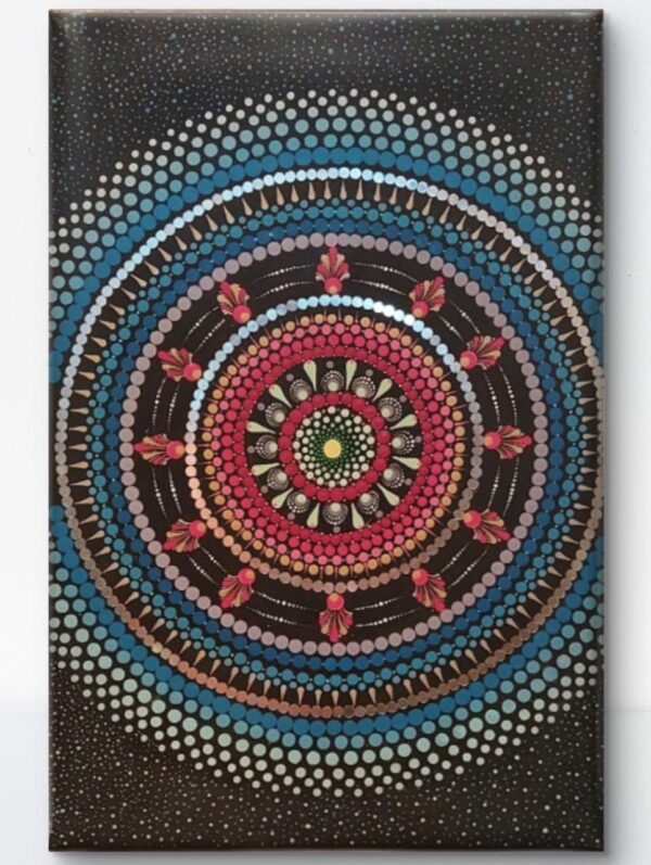 Cosmic Blossom Mandala, a 40x60 cm handcrafted mandala art on canvas by Krutika Jariwala, featuring cosmic-inspired patterns with vibrant pink, blue, and green details.