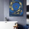 Acrylic painting titled Dance of Gold Fish by Sanaz Noorparvar, featuring gold fish covered with gold sheets swimming in circular motion against a deep blue background, symbolizing life's flow and tranquility.