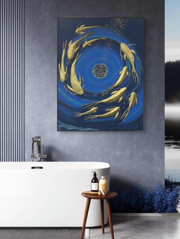 Acrylic painting titled Dance of Gold Fish by Sanaz Noorparvar, featuring gold fish covered with gold sheets swimming in circular motion against a deep blue background, symbolizing life's flow and tranquility.