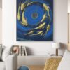 Acrylic painting titled Dance of Gold Fish by Sanaz Noorparvar, featuring gold fish covered with gold sheets swimming in circular motion against a deep blue background, symbolizing life's flow and tranquility.