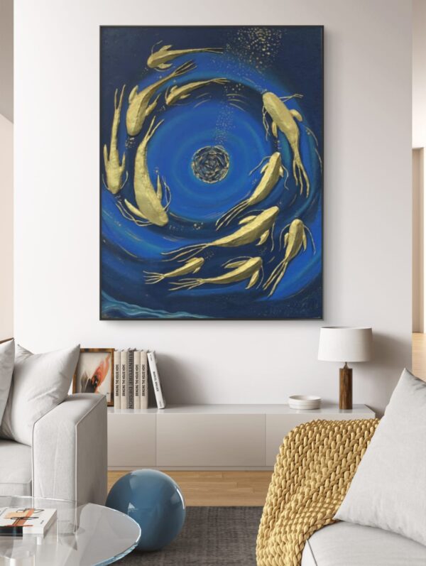 Acrylic painting titled Dance of Gold Fish by Sanaz Noorparvar, featuring gold fish covered with gold sheets swimming in circular motion against a deep blue background, symbolizing life's flow and tranquility.