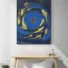 Acrylic painting titled Dance of Gold Fish by Sanaz Noorparvar, featuring gold fish covered with gold sheets swimming in circular motion against a deep blue background, symbolizing life's flow and tranquility.