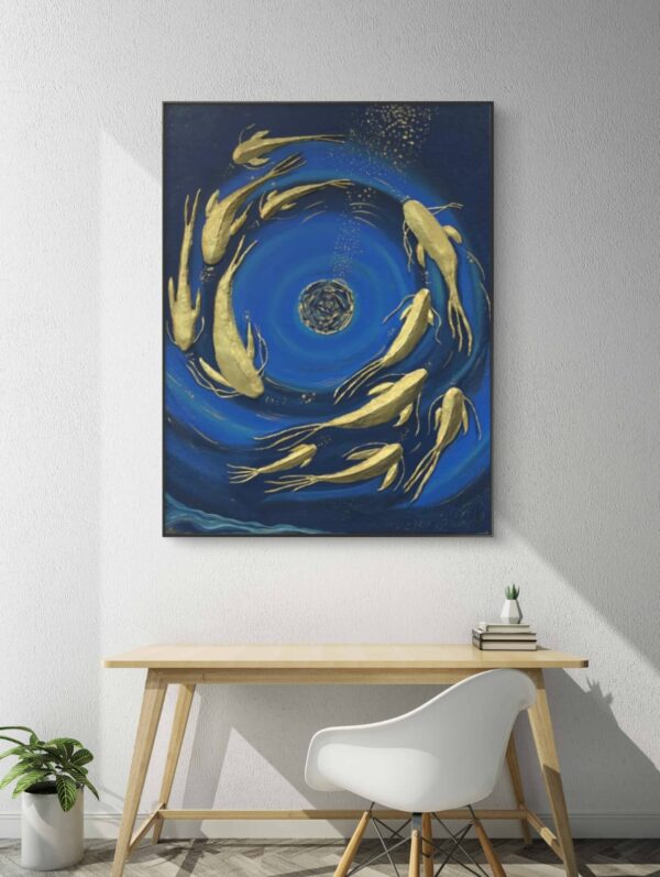 Acrylic painting titled Dance of Gold Fish by Sanaz Noorparvar, featuring gold fish covered with gold sheets swimming in circular motion against a deep blue background, symbolizing life's flow and tranquility.