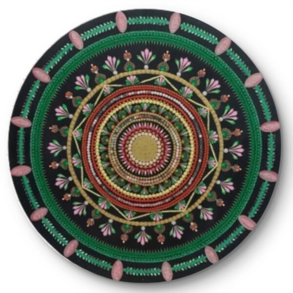 Harmony of Colors Mandala, a 30-inch handcrafted mandala art on MDF board by Krutika Jariwala, featuring vibrant green, pink, and gold details in a circular design.