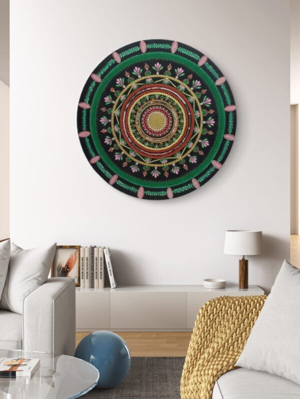 Harmony of Colors Mandala, a 30-inch handcrafted mandala art on MDF board by Krutika Jariwala, featuring vibrant green, pink, and gold details in a circular design.