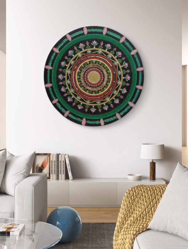 Harmony of Colors Mandala, a 30-inch handcrafted mandala art on MDF board by Krutika Jariwala, featuring vibrant green, pink, and gold details in a circular design.