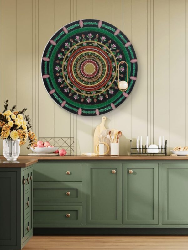 Harmony of Colors Mandala, a 30-inch handcrafted mandala art on MDF board by Krutika Jariwala, featuring vibrant green, pink, and gold details in a circular design.