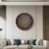 "Radiance of Life Mandala, a 30 cm handcrafted mandala art on canvas board by Krutika Jariwala, featuring vibrant patterns in red, blue, and green.