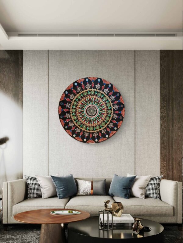 "Radiance of Life Mandala, a 30 cm handcrafted mandala art on canvas board by Krutika Jariwala, featuring vibrant patterns in red, blue, and green.