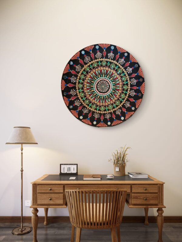 "Radiance of Life Mandala, a 30 cm handcrafted mandala art on canvas board by Krutika Jariwala, featuring vibrant patterns in red, blue, and green.