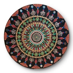 "Radiance of Life Mandala, a 30 cm handcrafted mandala art on canvas board by Krutika Jariwala, featuring vibrant patterns in red, blue, and green.