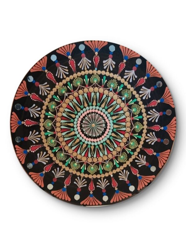 "Radiance of Life Mandala, a 30 cm handcrafted mandala art on canvas board by Krutika Jariwala, featuring vibrant patterns in red, blue, and green.