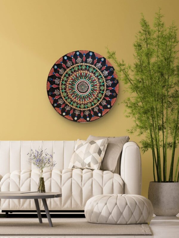 "Radiance of Life Mandala, a 30 cm handcrafted mandala art on canvas board by Krutika Jariwala, featuring vibrant patterns in red, blue, and green.