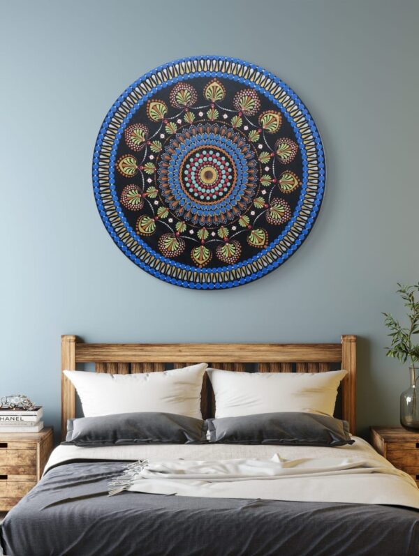 Blue Serenity Mandala, a 30 cm handcrafted mandala art on canvas board by Krutika Jariwala, featuring intricate patterns with calming blue, green, and gold tones.