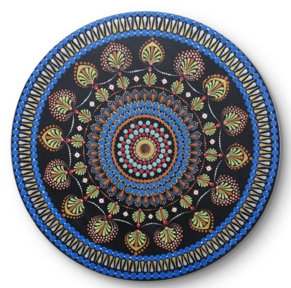 Blue Serenity Mandala, a 30 cm handcrafted mandala art on canvas board by Krutika Jariwala, featuring intricate patterns with calming blue, green, and gold tones.