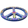 A round mosaic wall art featuring peace and love symbols, handcrafted with colorful ceramic tiles, sealed with grey color, and mounted on an MDF base, measuring 25 cm in diameter.