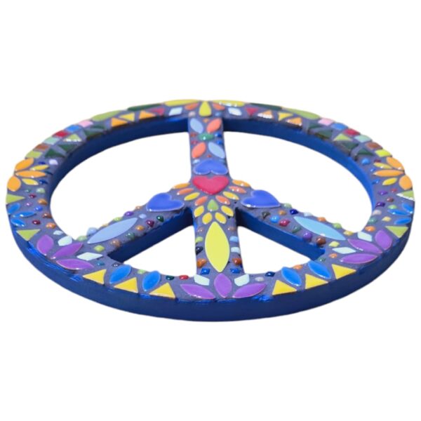 A round mosaic wall art featuring peace and love symbols, handcrafted with colorful ceramic tiles, sealed with grey color, and mounted on an MDF base, measuring 25 cm in diameter.