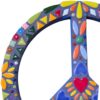 A round mosaic wall art featuring peace and love symbols, handcrafted with colorful ceramic tiles, sealed with grey color, and mounted on an MDF base, measuring 25 cm in diameter.