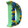 A handcrafted mosaic letter "D" featuring vibrant glass tiles in shades of blue, yellow, green, and purple, fixed on an MDF base. This colorful letter is perfect for home décor, kids' rooms, office spaces, or creating custom nameplates.