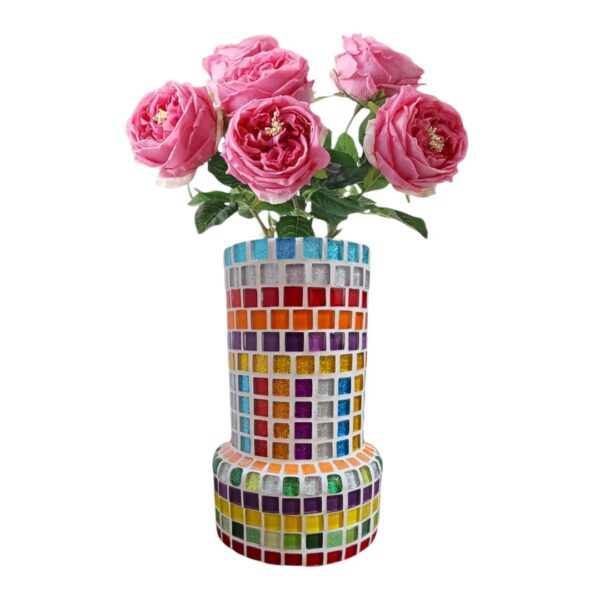 A handcrafted mosaic glass vase featuring colorful glass tiles arranged in vibrant patterns, sealed with white color, and measuring 10x20 cm, perfect for home or office décor.