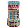 A handcrafted mosaic glass vase featuring colorful glass tiles arranged in vibrant patterns, sealed with white color, and measuring 10x20 cm, perfect for home or office décor.