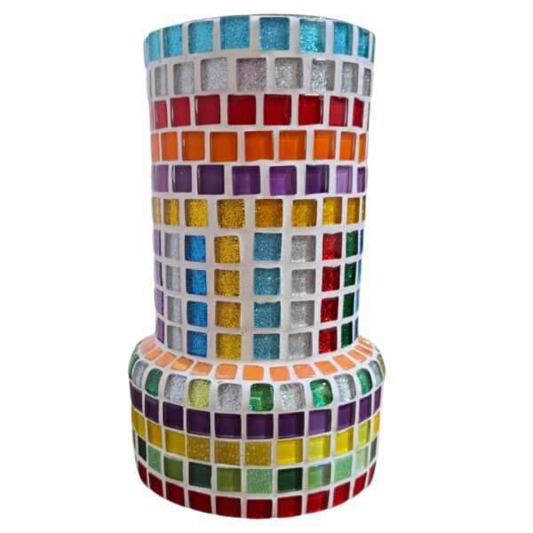 A handcrafted mosaic glass vase featuring colorful glass tiles arranged in vibrant patterns, sealed with white color, and measuring 10x20 cm, perfect for home or office décor.