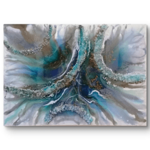 Ocean Bliss 50x65 cm resin painting with glass pieces and mica powder, capturing ocean waves.