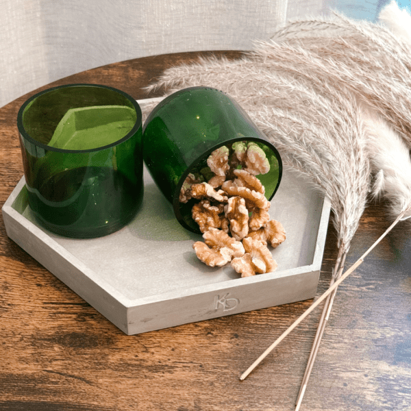 Snack bowl set with two recycled glass bowls on a concrete tray by Katty’s Design, perfect for serving snacks or as a decorative piece.