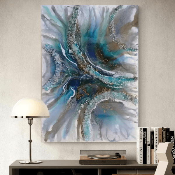 Ocean Bliss 50x65 cm resin painting with glass pieces and mica powder, capturing ocean waves.