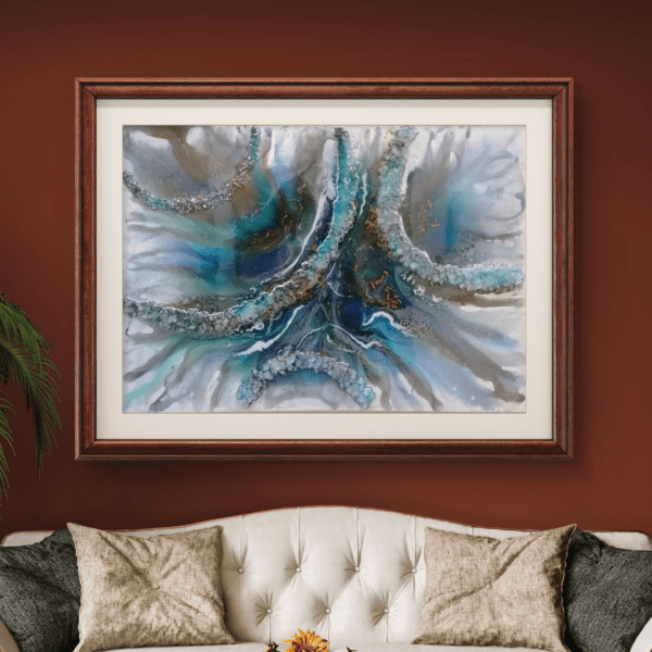 Ocean Bliss 50x65 cm resin painting with glass pieces and mica powder, capturing ocean waves.