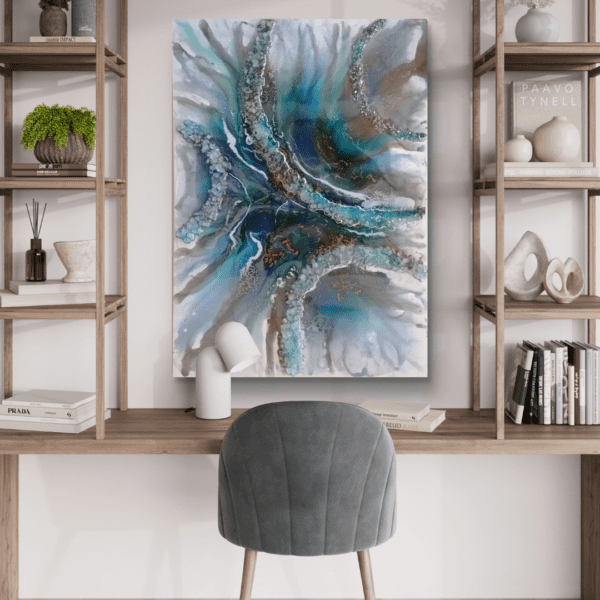 Ocean Bliss 50x65 cm resin painting with glass pieces and mica powder, capturing ocean waves.